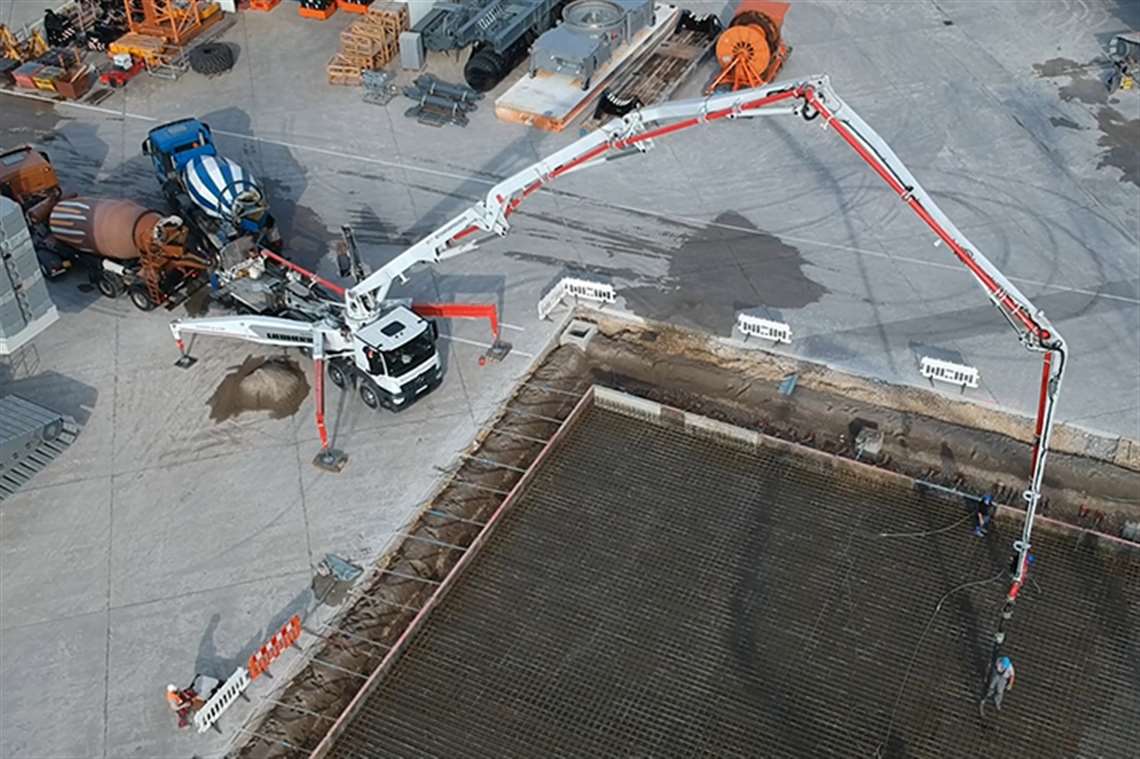BPU's Liebherr 42 M5 XXT pouring concrete at the Liebherr factory in Germany