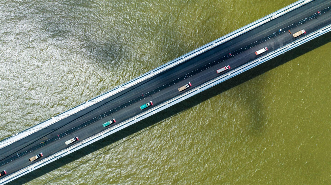 A drones-eye view of the trucks used to load test the Braila Bridge in Romania