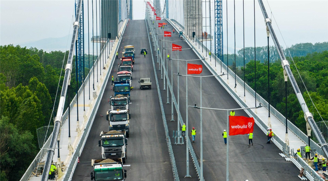 The Braila Bridge construction team oversees the load testing of the Braila Bridge in Romania