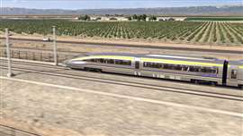 Digital render of a high-speed rail train running through the Californian countryside.