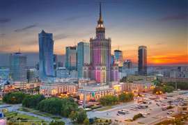 Image of Warsaw, Poland during twilight blue hour.