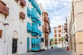 Al-Balad old town with traditional muslim houses with wooden windows and balconies, Jeddah, Saudi Arabia