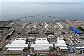 The tunnel factories, basins and work harbour, as viewed from above in August 2023