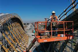 A worker in the basket of a MEWP on the Cedar Viaduct