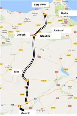 A map for the planned route for the Guercif-Nador highway.