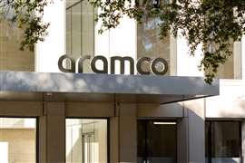 Aramco sign on the building at its office in Houston, Texas, USA