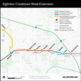 A map of the Eglinton Crosstown West Extension