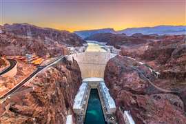 The Hoover Dam at sunset.