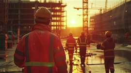 Bauarbeiter verlassen eine Baustelle in der Abenddämmerung