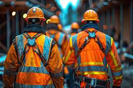 Rückansicht einer Gruppe von Bauarbeitern in orangefarbener Sicherheitskleidung, Schutzhelmen und Gurten, die durch die Mitte einer Baustelle laufen.