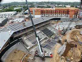 Drone photo showing the progress on the construction of the new Knoxville Smokies stadium