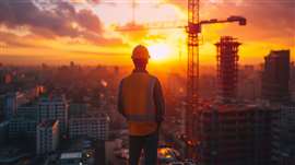 Worker on construction site looking sunset in the city.