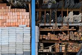 Construction materials on shelves
