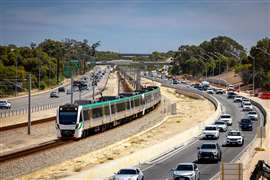 A train running on a line in Perth, Western Australia
