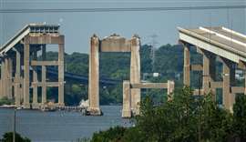 The ramps to the Francis Scott Key Bridge are seen on both sides of the Patapsco River months after the catastrophic bridge collapse. 