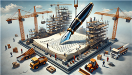 A creative digital illustration depicting a construction site where a legal contract is being 'built' like a physical structure.