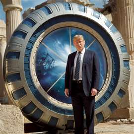 An AI-generated image of Donald Trump standing in front of a stargate