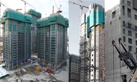 Les sacs correspondent à la palette de couleurs verte et grise du filet, vu sur un chantier de construction d'appartements Raemian à Séoul, en Corée du Sud.