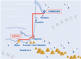 Eine Karte, die den Verlauf der Verbindungskabel zwischen Frankreich und Spanien zeigt.