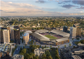 Uma renderização digital de como ficará o novo estádio do Luton Town FC no Power Court (Imagem cortesia do Luton Town FC)