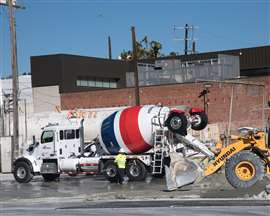 A cement truck at the CEMEX Hollywood Concrete Plant in Los Angeles, California, USA
