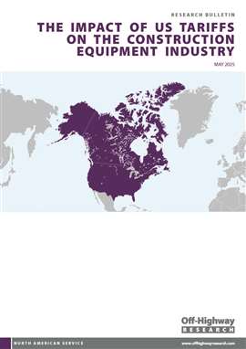 Photo montrant la couverture du nouveau rapport d'Off-Highway Research sur l'impact des tarifs douaniers sur l'industrie américaine des équipements de construction.