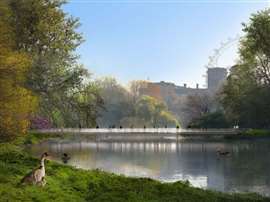 A design for the Queen Elizabeth Memorial in London by Foster + Partners with Yinka Shonibare and Michael Desvigne Paysagiste