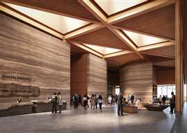 Renderização do interior da biblioteca presidencial de Teddy Roosevelt Imagem: Snøhetta | JLG Architects