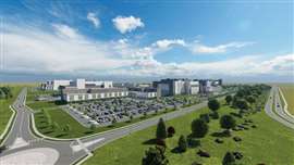 A computer-generated image of Eli Lilly and Company's new manufacturing site in Lebanon, Indiana