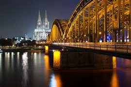 The Deutzer Brücke in Cologne, Germany, with Cologne Cathedral in the background
