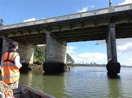 An AI-equipped drone inspects Purewa Bridge near Auckland, New Zealand (Image courtesy of BECA)