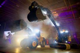 A wheel loader and an excavator shrouded in dry ice as part of an event to mark Volvo Construction Equipment’s announcement that it will invest $261 million to expand crawler excavator production. It said the move is to meet customer demand, mitigate supply chain risk and reduce reliance on long-distance logistics. These sites include Shippensburg, Penn., USA; Changwon, South Korea; and a location in Sweden. In Shippensburg, Volvo CE is also expanding wheel loader production to include large wheel loaders. Currently, soil and asphalt compactors and mid-size wheel loaders are manufactured at the Shippensburg factory. (Image courtesy of Volvo Construction Equipment)