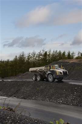 An articulated hauler on a haul road