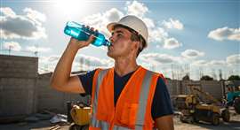 Un lavoratore edile instancabile si prende una pausa rinfrescante, dissetandosi sotto il sole intenso di mezzogiorno in un cantiere affollato, con la luce del sole splendente e macchinari pesanti sullo sfondo.