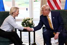 US President Donald Trump shakes hands with European Commission President Ursula von der Leyen following announcement of a trade deal between the US and EU. The meeting was held in Turnberry, Scotland, UK, on July 27. Image: Reuters/Evelyn Hockstein