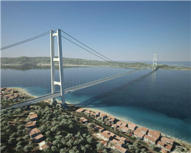 Renderização da Ponte do Estreito de Messina que conecta a Itália continental à Sicília. Imagem: Webuild