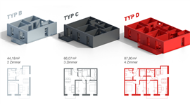 Representaciones digitales de las unidades modulares TETRIQX. Imagen: Strabag