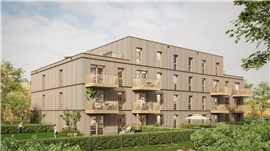 Representación de un complejo de viviendas diseñado con el nuevo sistema de construcción modular TETRIQX de Strabag. Imagen: Strabag