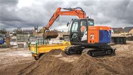 A escavadeira compacta e elétrica Hitachi Construction Machinery ZX85-6EB, atualmente disponível na Europa.