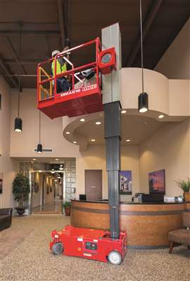 MEC’s all-electric MMAE 16 vertical mast, which can reach a height of 16ft, in the lobby of a commercial building (Image: MEC)