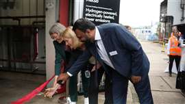 The ribbon cutting ceremony. Franziska Richter (left) from the Hessian Ministry of Economic Affairs, Piia Karhu, President, Minerals and Ahmad Attaul, VP, Ferrous & Heat Transfer Equipment. 