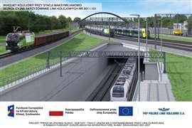 A digital render of a planned new railway viaduct at Maksymilianowo station in Poland (Image courtesy of Strabag)