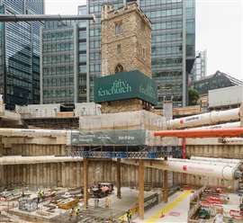 The 700-year-old Tower of All Hallows Staining, suspended above a 60,000 sq ft excavation