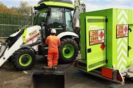 JCB's hydrogen-powered backhoe loader being refuelled with hydrogen fuel provided by hydrogen supplier, Ryze