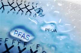 Water drops with PFAS text and poly-fluoroalkyl chemical structure background