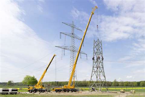 A Liebherr LTM 1300-6.2 mobile crane owned by KVN Autokrane GmbH erects a new electricity pylon