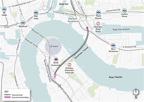A map showing where the Silvertown Tunnel will be built
