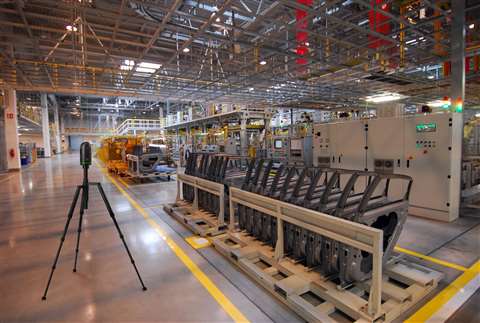 Leica BLK360 imaging laser scanner being used in a factory
