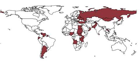 The geography of China’s bilateral bailouts: Countries marked in red have received rescue lending from China. Source: 'China as an international lender of last resort' (AidData 2023)