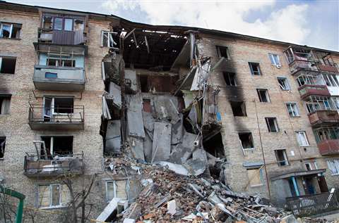 A building in Hostomel, Ukraine, after it was hit by a missile